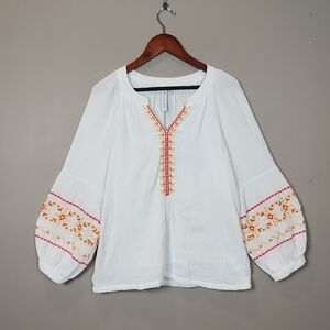 Grace + Karma Gauzy White Cotton Embroidered Blouse Size Large